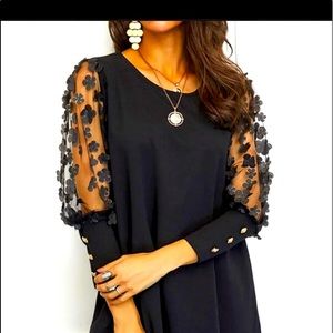 Dress mesh lace 3D Floral black gold Solid see through knit 3/4 Sleeves fashion